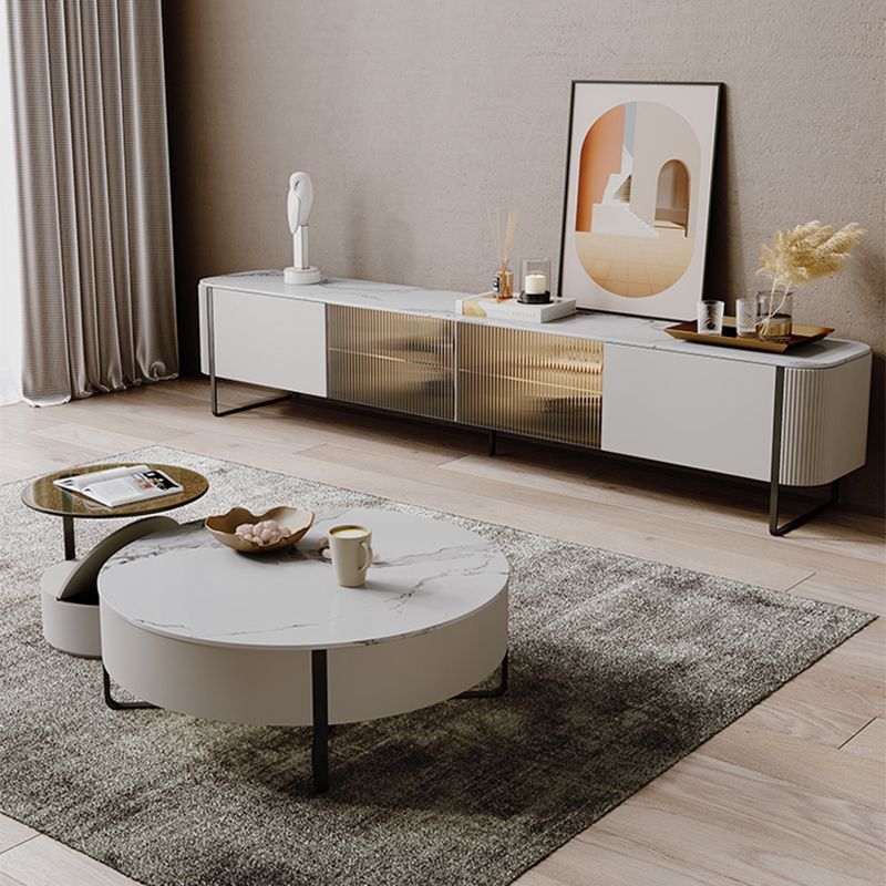 Slate Top Sled Coffee Table with Storage Contemporary White Round