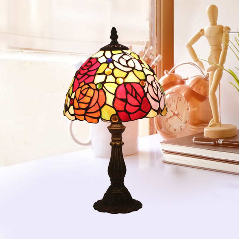 Bronze 1 Head Night Table Light Tiffany Style Cut Glass Yellow/Orange/Purple Rose Patterned Desk Lighting with Dome Shade