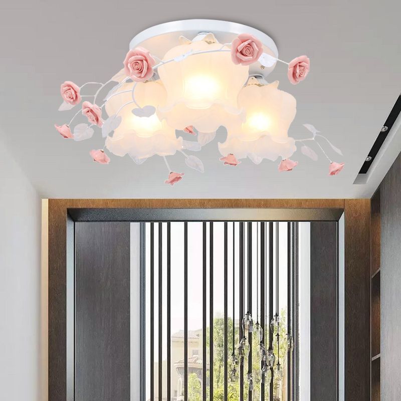 Plafonnier Bloom en verre opale, luminaire de campagne à 3 têtes pour chambre à coucher, blanc/vert