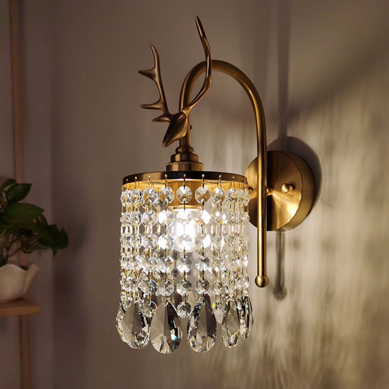 Copper Gold Wall Sconce in Modern Artistic Style Crystal 1-Light Wall Light with Antler Decoration