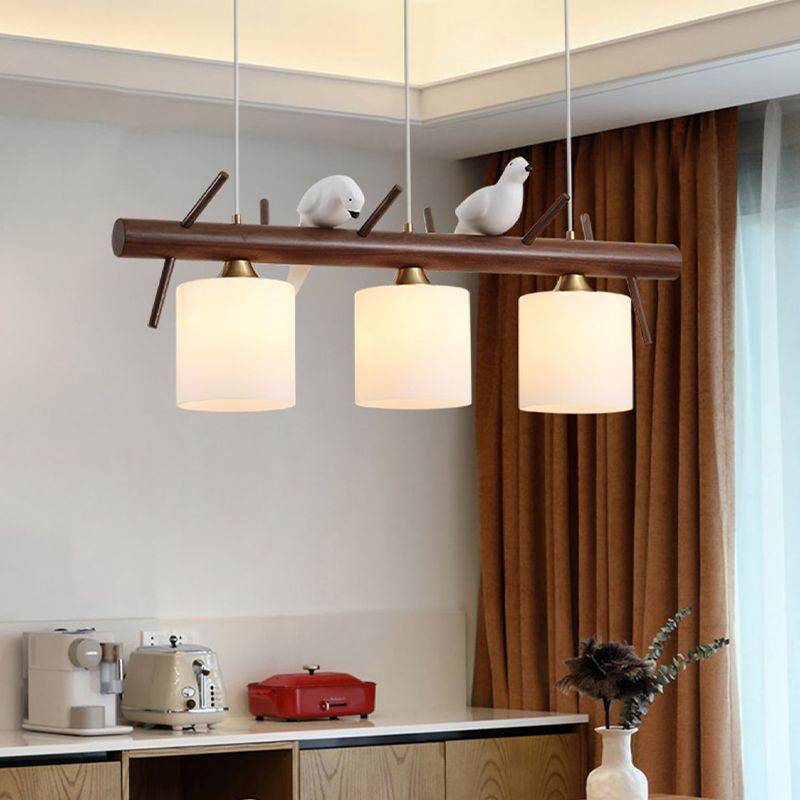 Wood Modern Pendant Light Cylinder Shape Island Light with Glass Shade for Living Room