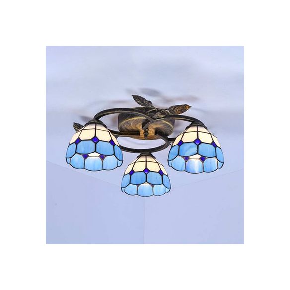 Geometric Ceiling Light Fixture with Pattern Tiffany Stained Glass 3 Lights Flushmount Ceiling Light in Bronze