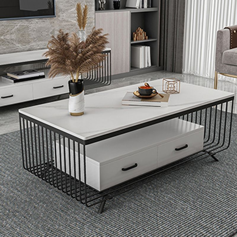 Rectangular Stone 4 Legs Coffee Cocktail Table with 2 Drawers