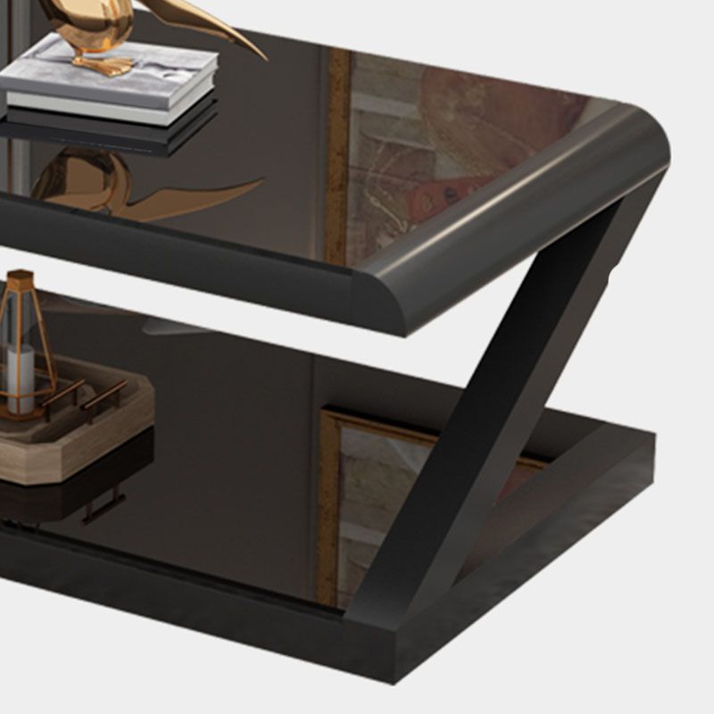 17.7"H Rectangle Glass Coffee Table Steel Abstract Base Cocktail Table with Shelf