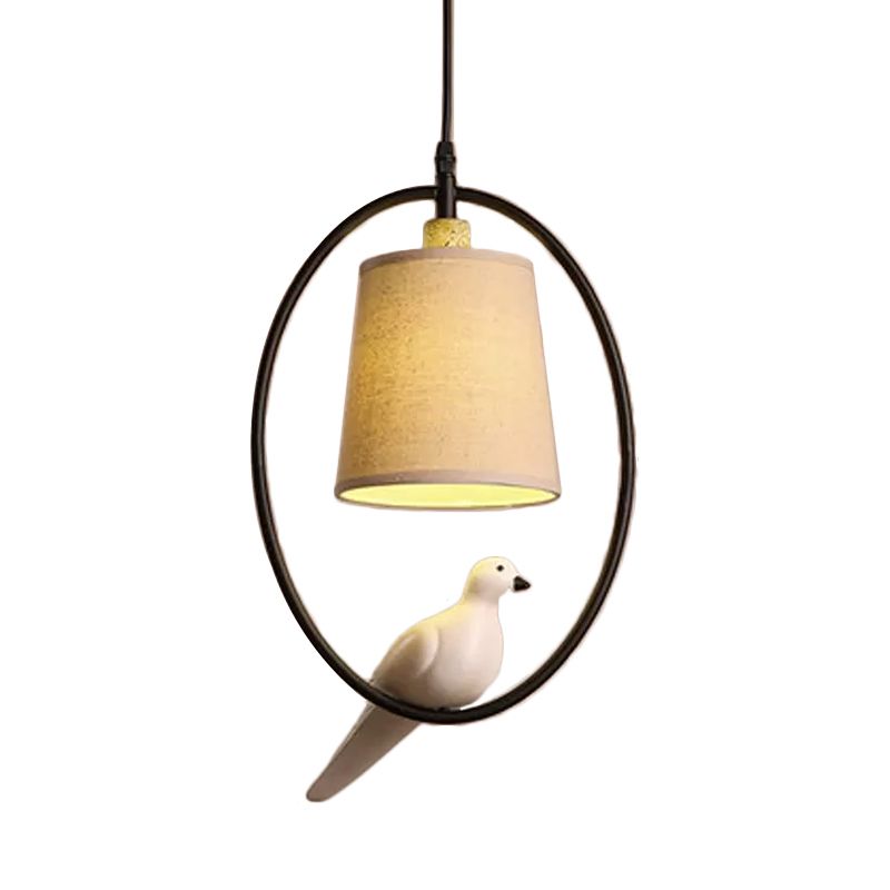 Cone Pendant Ceiling Light Artistic Fabric 1-Light White/Black Hanging Light with Bird Decor and Oval Frame