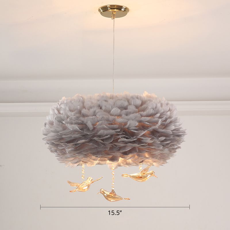 Feather Nest Shaped Chandelier Minimalism Pendant Light Fixture with Crystal Bird Decor