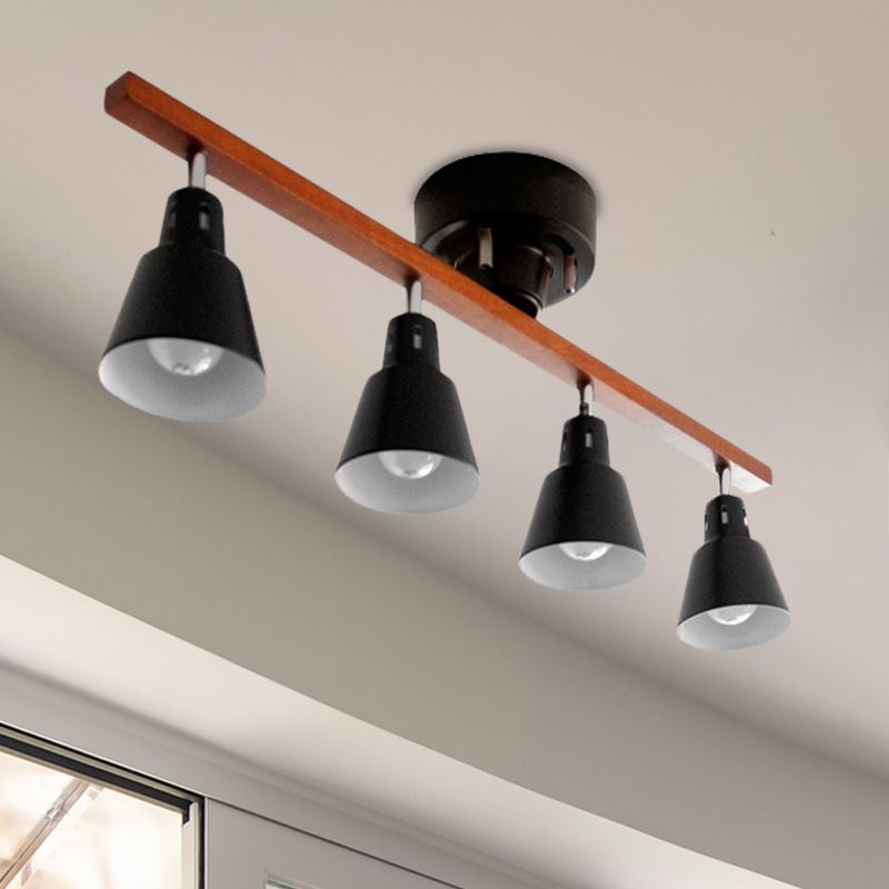 4 Bulbs Rotating Horn Flush Ceiling Light Nordic White/Black Iron Semi Mount Lighting with Wood Beam Arm