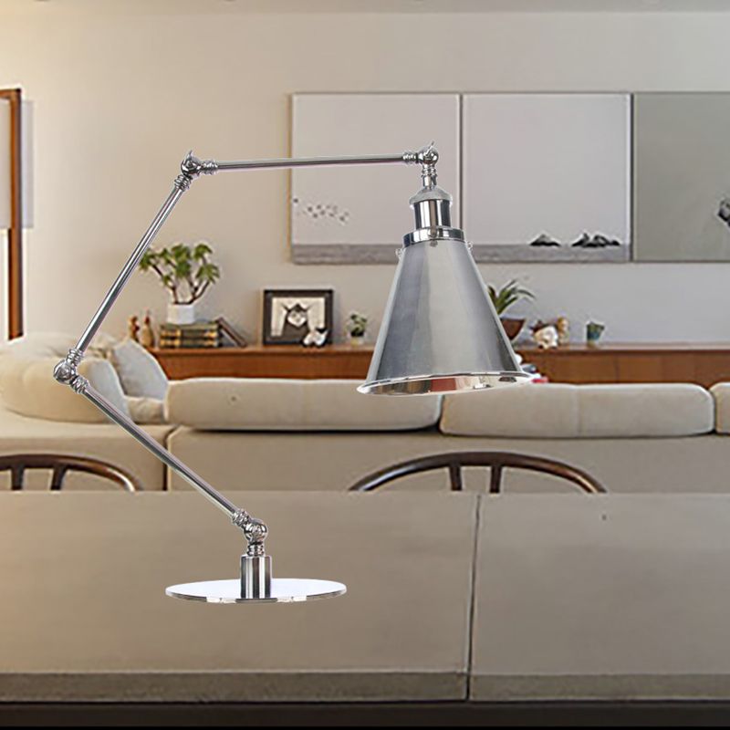 Tapered Study Room Desk Lighting Metal 1 Light Industrial Reading Book Light with 8"+8"/8"+8"+8" Length Arm in Chrome
