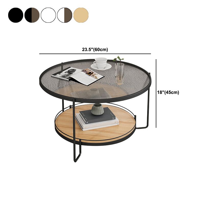 Modern Round Glass Top Cocktail Table with Wooden Shelf and Iron Base