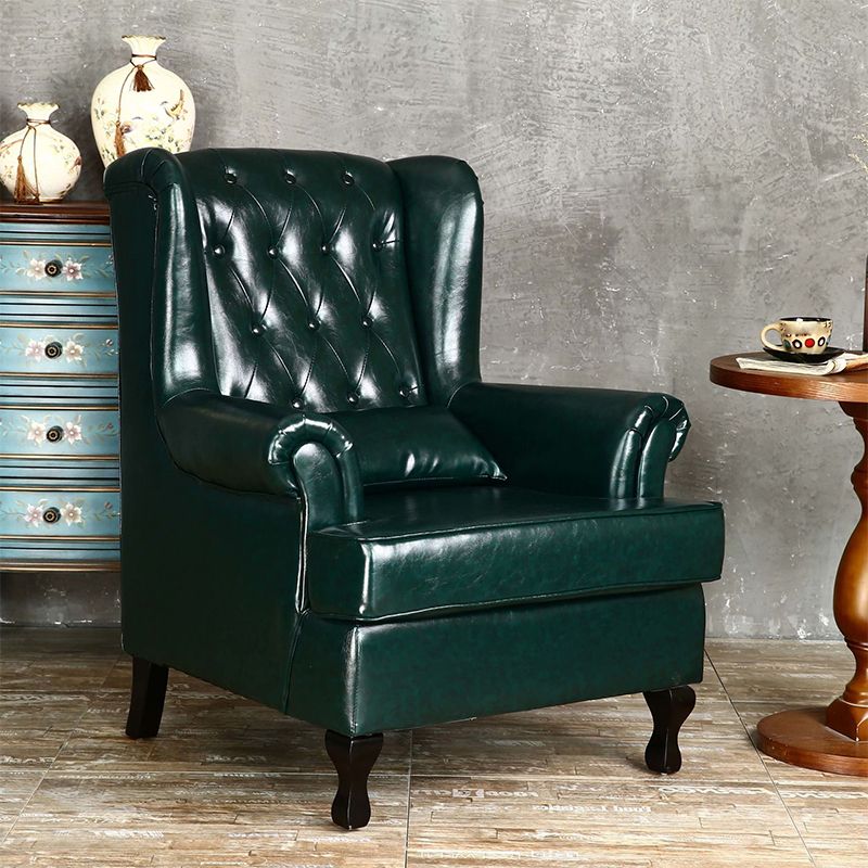 Mid-century Modern 33.46" Wide Leather Tufted Back Rolled Arms Chair