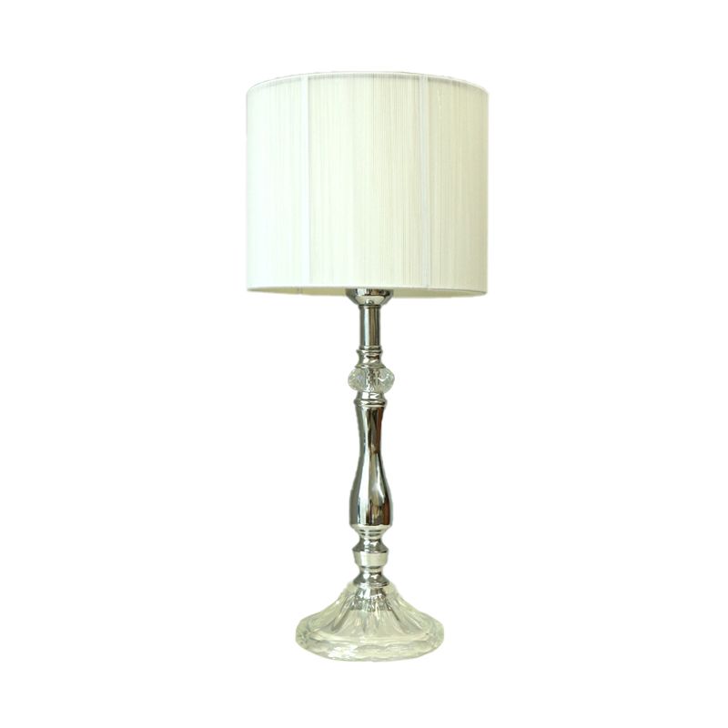 Lampada da Tavolo in Tessuto Bianco Cilindro 1 Luce Luce Notturna Semplice per Soggiorno con Base in Cristallo