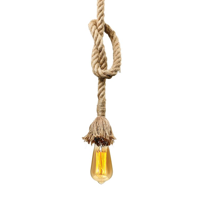 Minimalist Style Exposed Hanging Lamp 1 Light Natural Rope Adjustable Ceiling Light Fixture in Beige