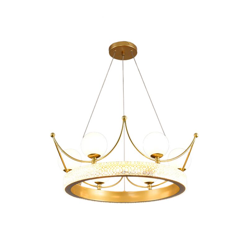Modern Crown Shape Suspension Lamp Metal 6 Lights Girl Room LED Ceiling Chandelier in Gold with Orb Cream Glass Shade