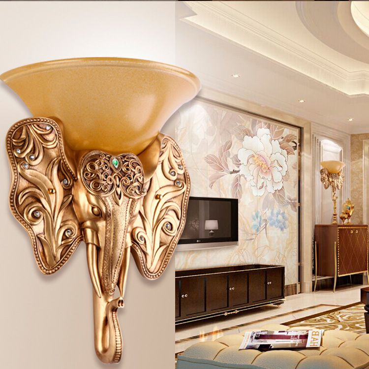 Gold Single Light Wall Lamp Warehouse Amber Glass Wide Bell Wall Lighting Fixture with Elephant Head Design