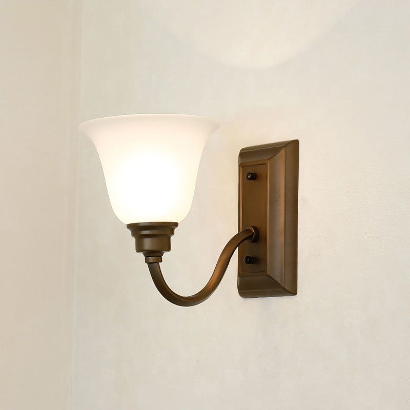 1-Light Cream Glass Wall Lamp Traditional Brown Flared Shape Bedside Wall Light Fixture
