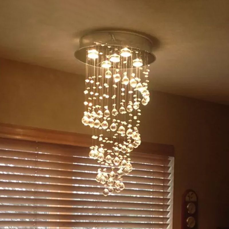 Stainless Steel 5-Light Ceiling Fixture Modern Crystal Spiral Flush Mounted Lamp for Bedroom