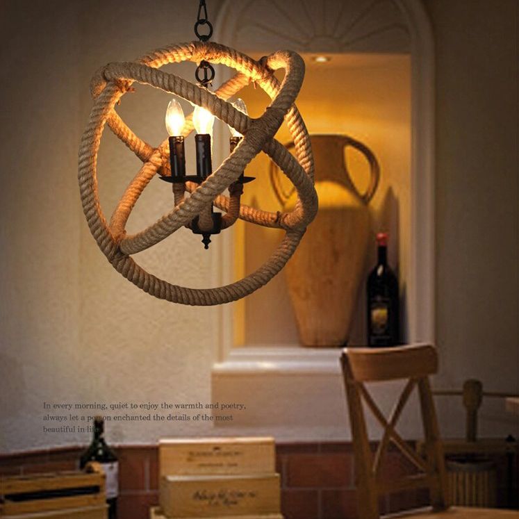 Lámpara de iluminación de lámpara de lámpara de globo con cuerda de loft kit de lámpara colgante de cuerda en beige