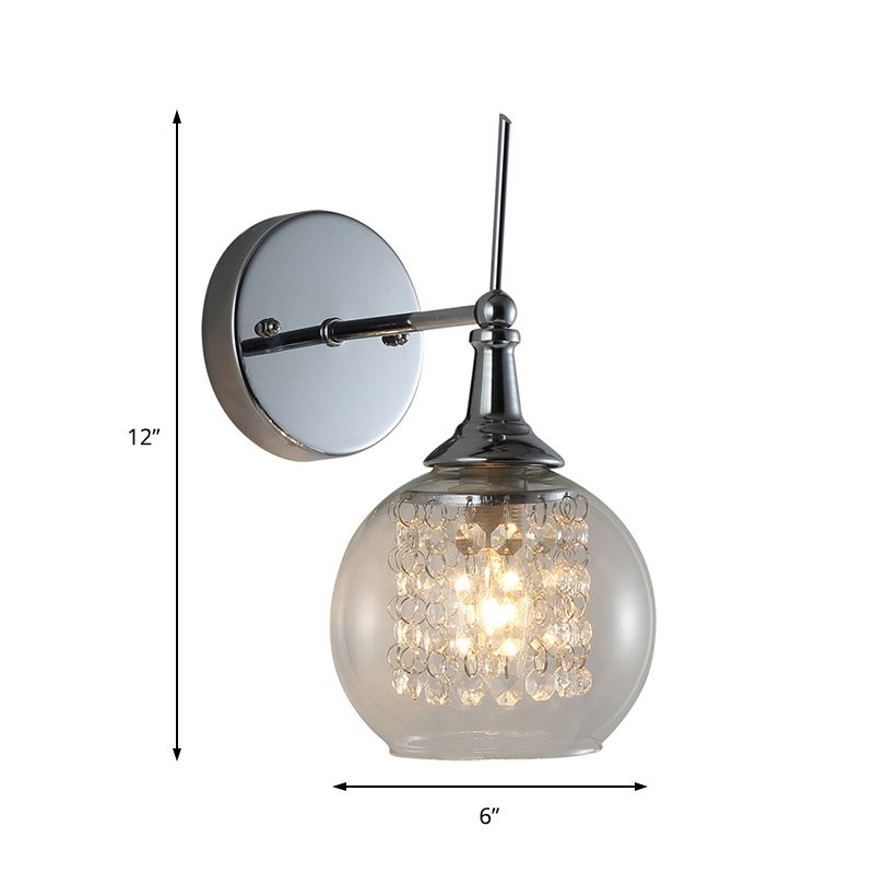 1 Bulb Globe Wall Lamp Contemporary Clear Glass Wall Sconce with Inner Crystal Strand in Chrome Finish