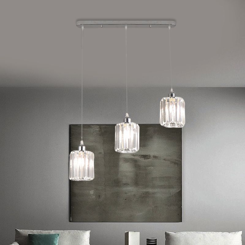 3-Licht-Restaurant Multi-Light Deckenleuchte minimaler Chromanhänger mit Zylinder klarer Kristallschatten