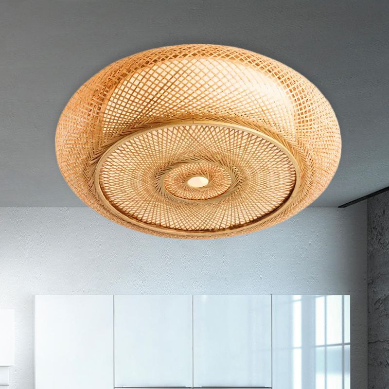 Handgemaakte slaapkamer inbouwlamp bamboe 16"/19,5" W 3-lichts plafondinbouwlamp met ronde kap in beige