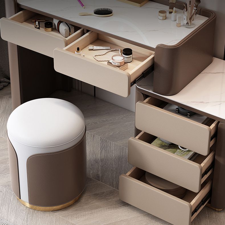 29.53" H Wood/Stone Vanity Table Stool Set 2/5 Drawers Dresser in Brown