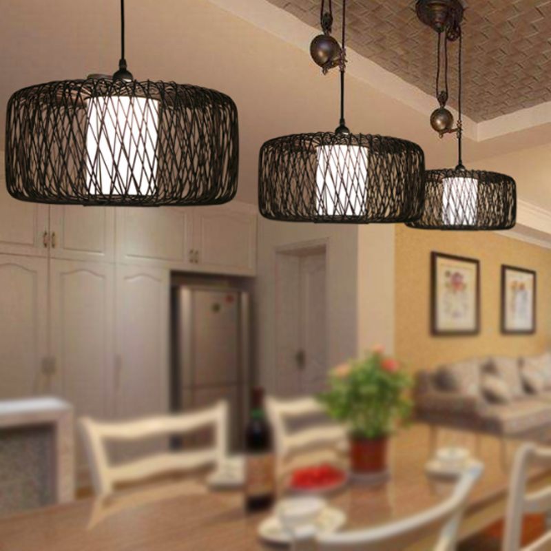 1 Light Restaurant Hanging Lamp with Drum Bamboo Shade Black Pendant Light Fixture, 16"/23.5" Wide