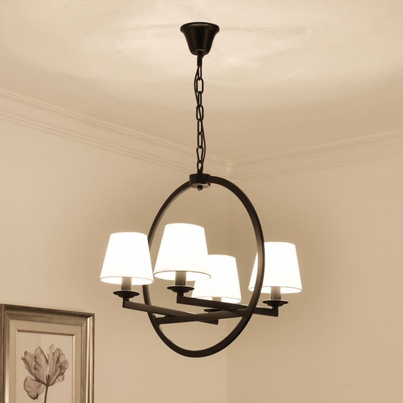 4 Lights Metal Hanging Chandelier Traditional White Cone Living Room Pendant Light Fixture with Fabric Shade