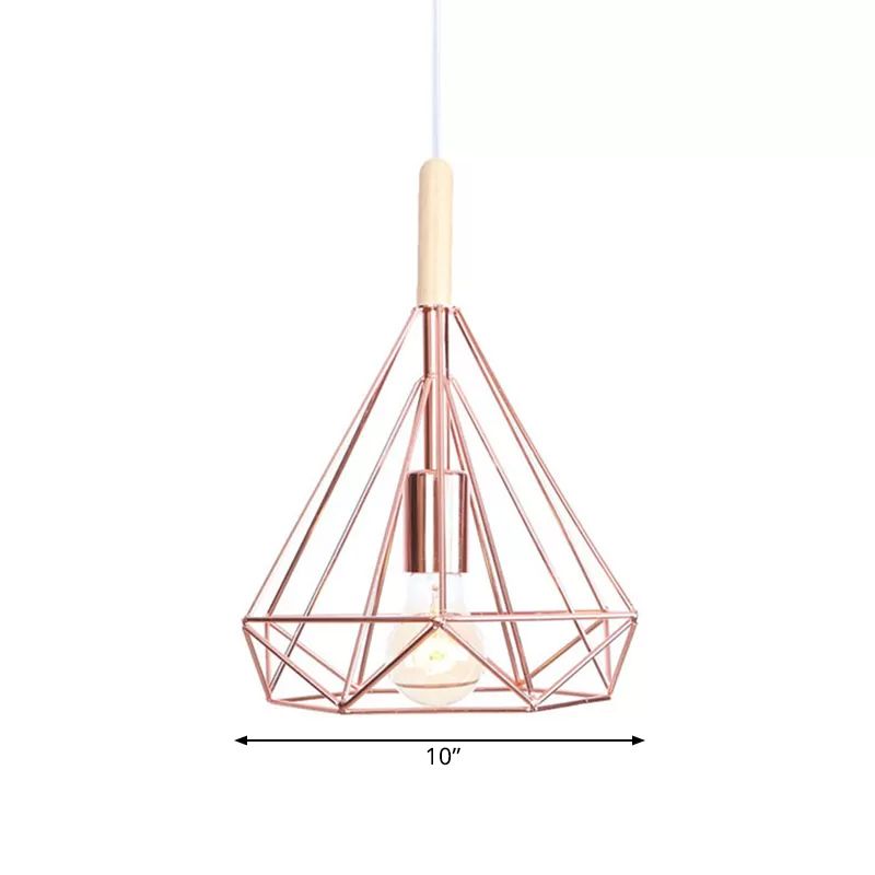 Diamond Metal Cage Pendant Light Nordic Industrial 1 Light Ceiling Hanging Light in Rose Gold