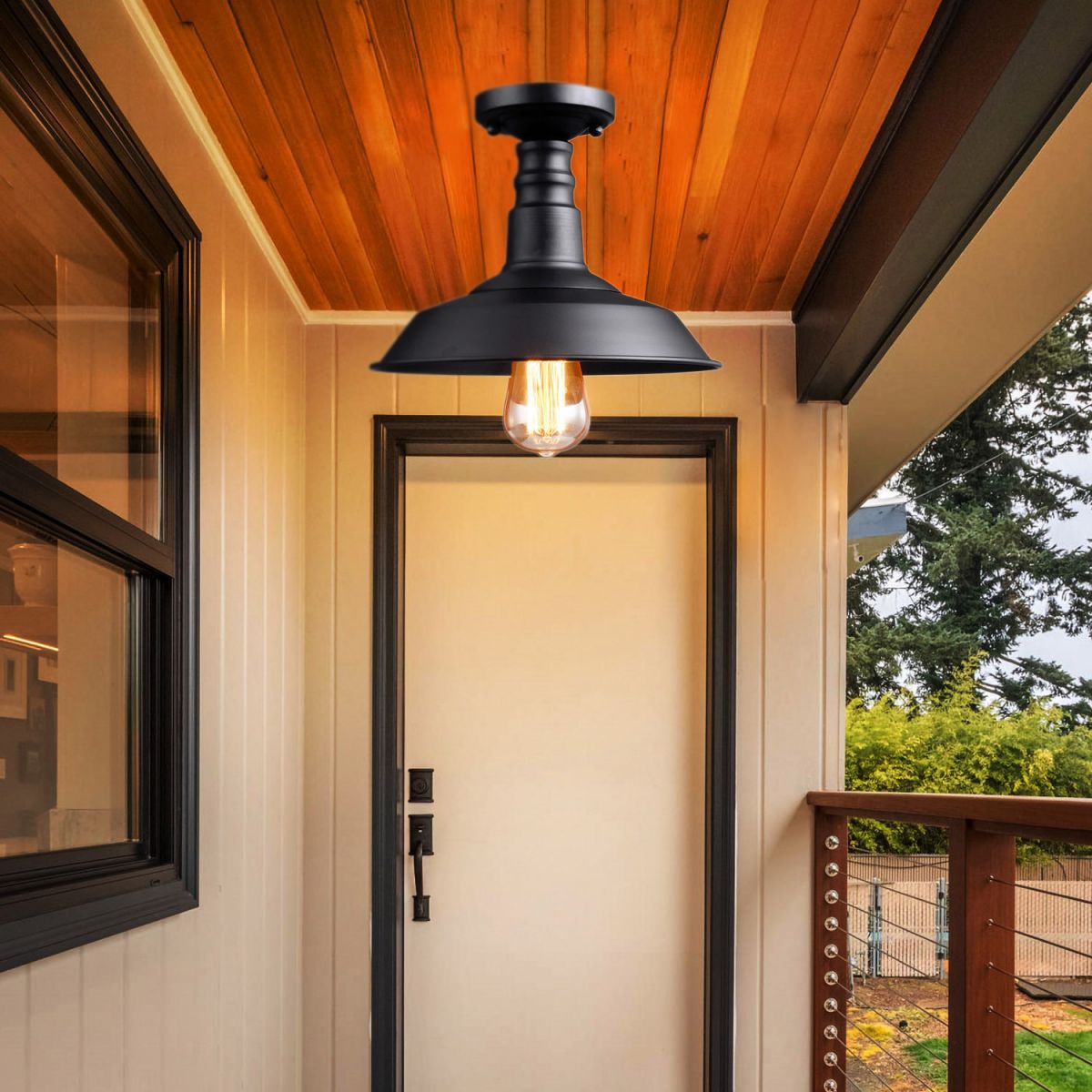 Plafoniera da portico a forma di fienile, retrò, industriale, in metallo, a 1 luce, a semi-incasso