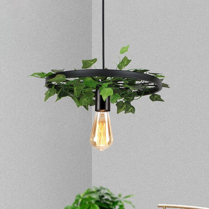 Metal Black Hanging Light Kit Wheel 1 Head Industrial Ceiling Pendant with Plant Deco