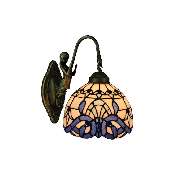 Victorian Dome Wall Light Fixture Art Glass 1 Light Wall Sconce Light with Mermaid for Corridor in White-Purple