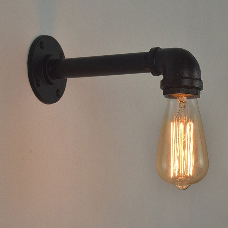 Industrial Style Pipe Shape Wall Sconce Metal 1 Light Sconces in Black for Bedroom