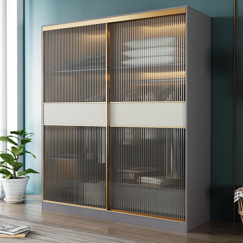 Modern Sliding Door Wardrobe for Home Grey Cabinet with Clear Glass Door