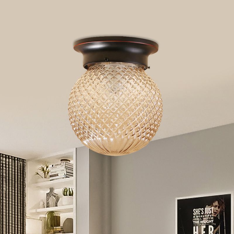 One Light Globe Flush Mount Black/Clear Industrial Ribbed/Opal/Prismatic Glass Lighting Fixture, 6"/6.5" Wide