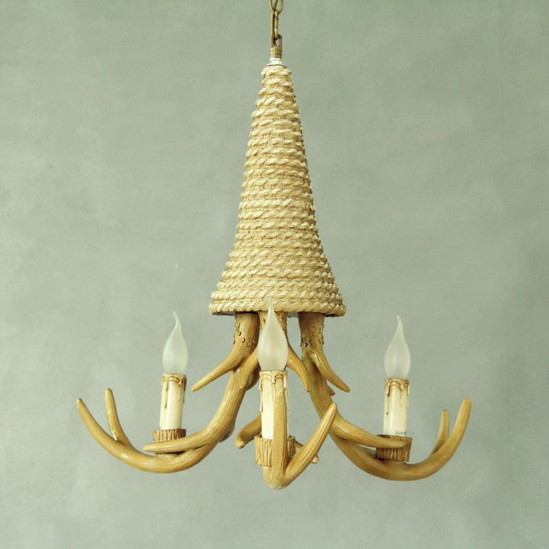 Beige Elk Shaped Chandelier Lamp Traditional Metal and Rope 3/5 Lights Living Room Hanging Light