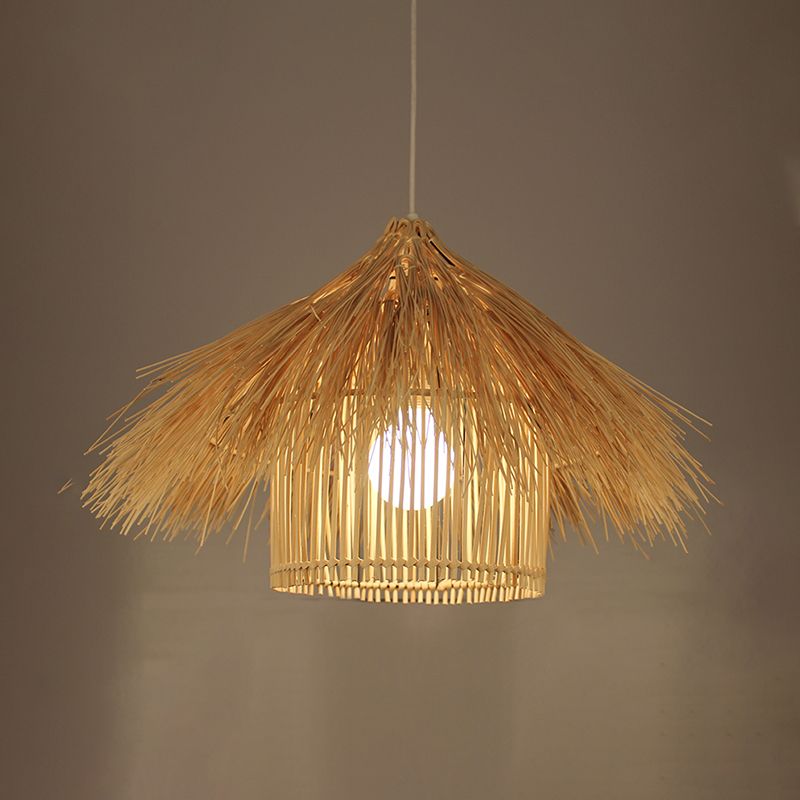 Asian 1 Head Ceiling Light Coffee/Flaxen Handcrafted Pendant Lighting Fixture with Bamboo Shade