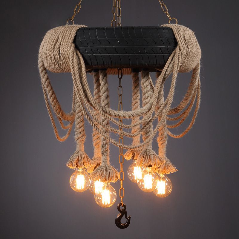 Black Tyre Chandelier Factory Rubber 6-Bulb Bistro Suspension Lamp with Hemp Rope