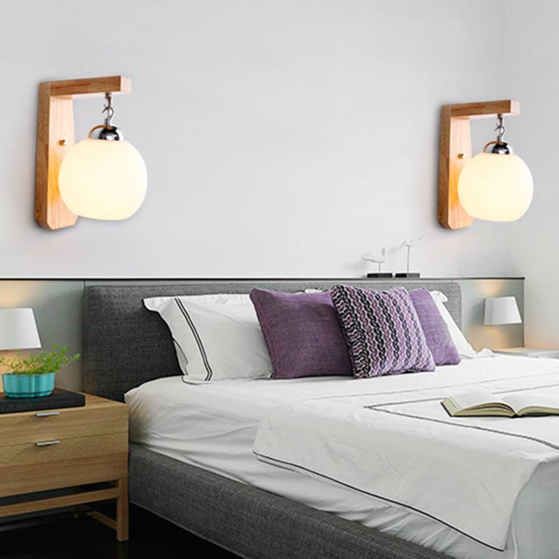 White Glass Wall Lamp in Modern Minimalist Style Wooden Globe Wall Light for Interior Spaces