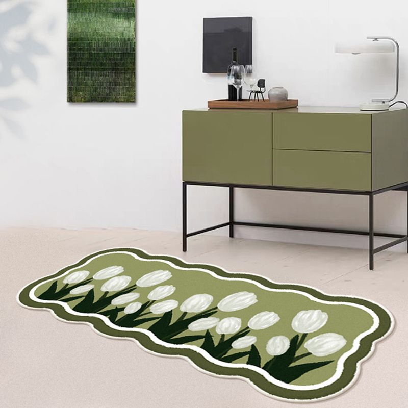 Green Modern Rug Polyester Tulip Indoor Rug Washable Rug for Home Decor