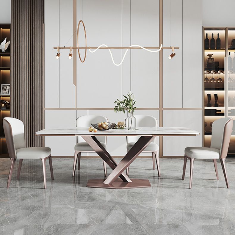 Modern Style Sintered Stone Dining Room Set with Fixed Rectangle Shape Table and Trestle Base