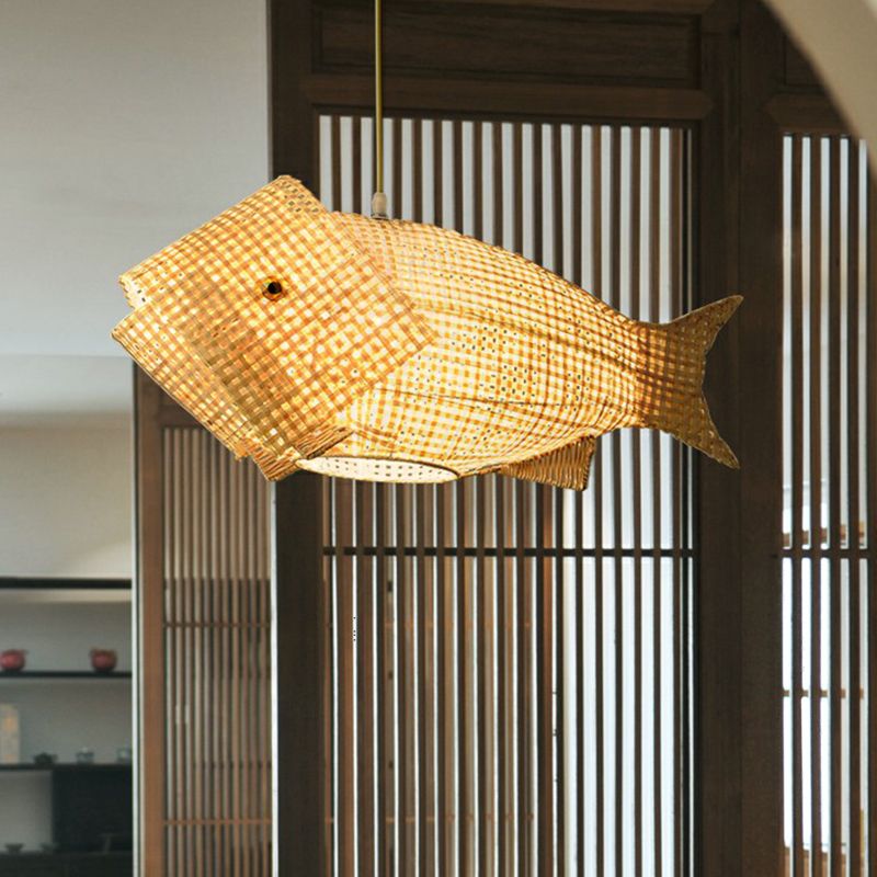 Fish-Shape Restaurant Pendant Light Bamboo Single-Bulb Asian Hanging Light in Wood