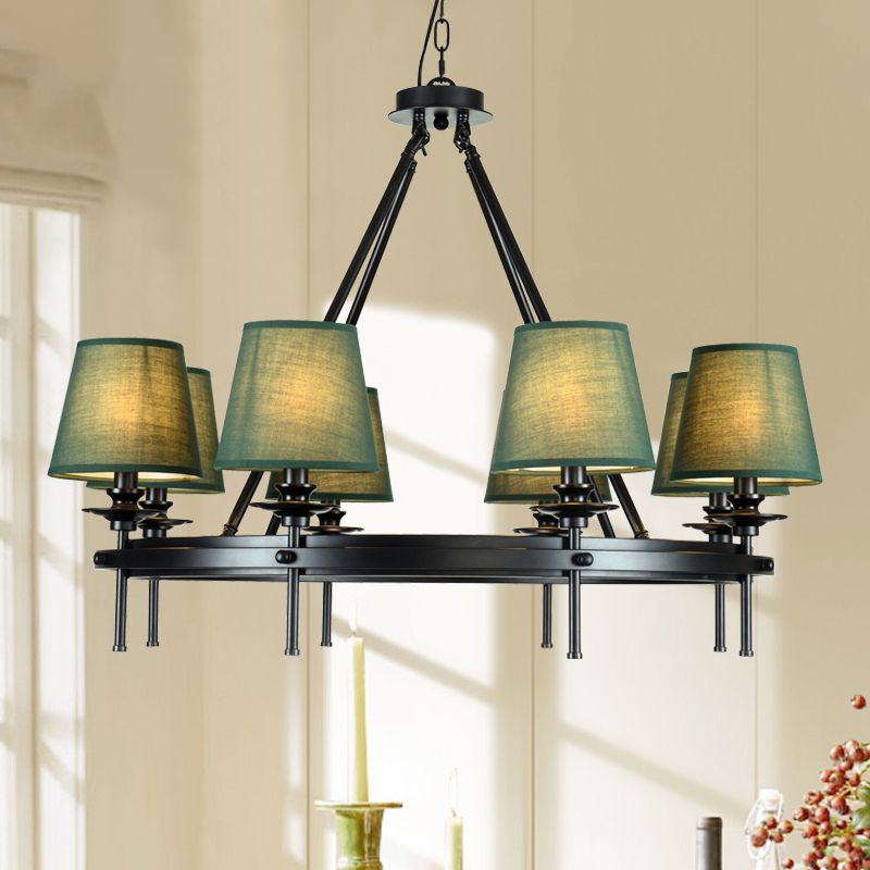8 lampadario Circolo lampada a sospensione Circolo RETRO Green Metal Affermazione del soffitto con tonalità in tessuto conico