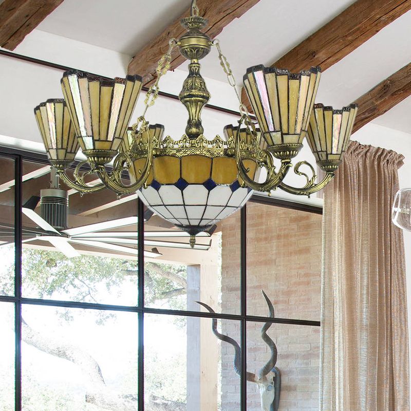Villa Shuttlecock lampadario con cupola centrale ART Glass Tiffany Vintage Trapezoide/Luce appesa a forma di svasata in giallo