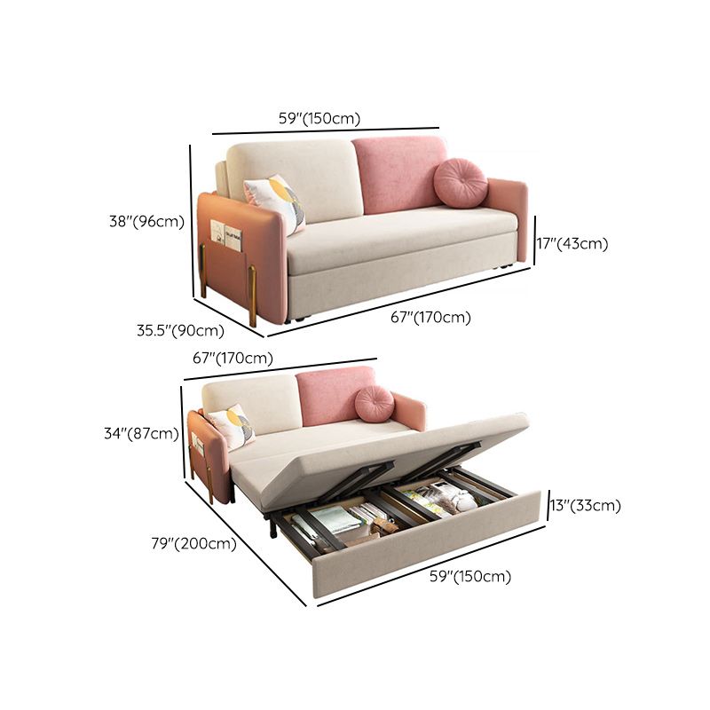 Square Arms Futon Foldable Pillow Included Pink Sleeper Sofa with Storage