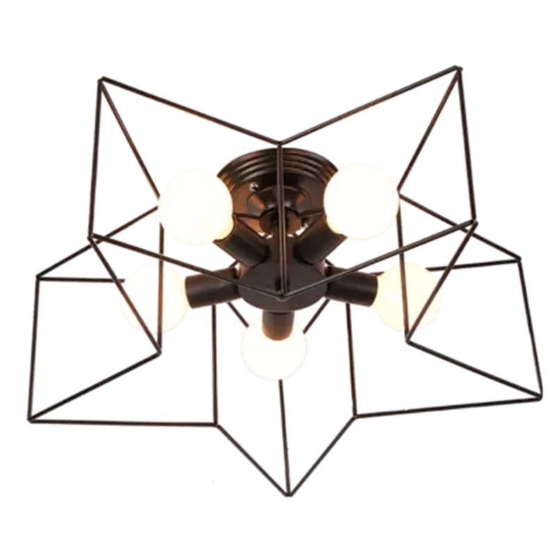 Plafoniera a stella con struttura in ferro in ferro stile retrò industriale, montaggio a semi-incasso a 5 luci