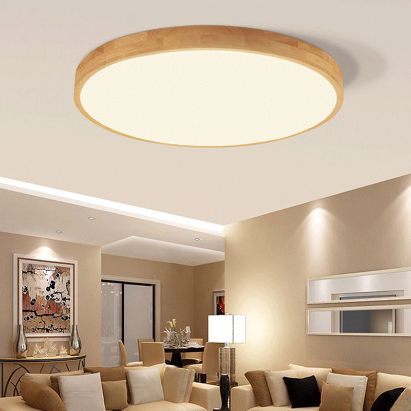 Round Shape Wood Flush Ceiling Light Modern 1 Light Flush Mount Light Fixture in Brown