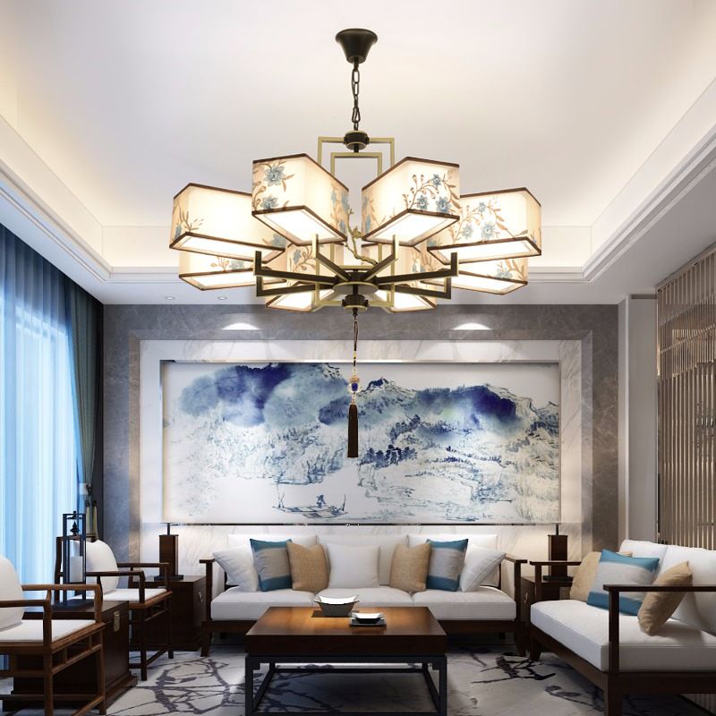 Rustic Embroidery Chandelier Fabric Suspended Lighting Fixture for Living Room