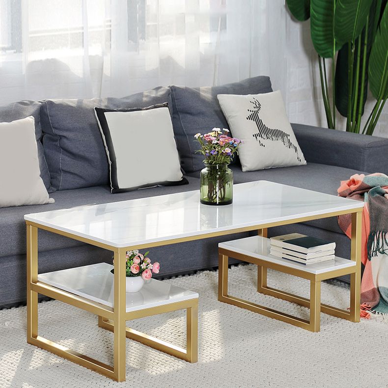 Glam Rectangle Marble Top Table with 2 Storag Shelves and Iron Base