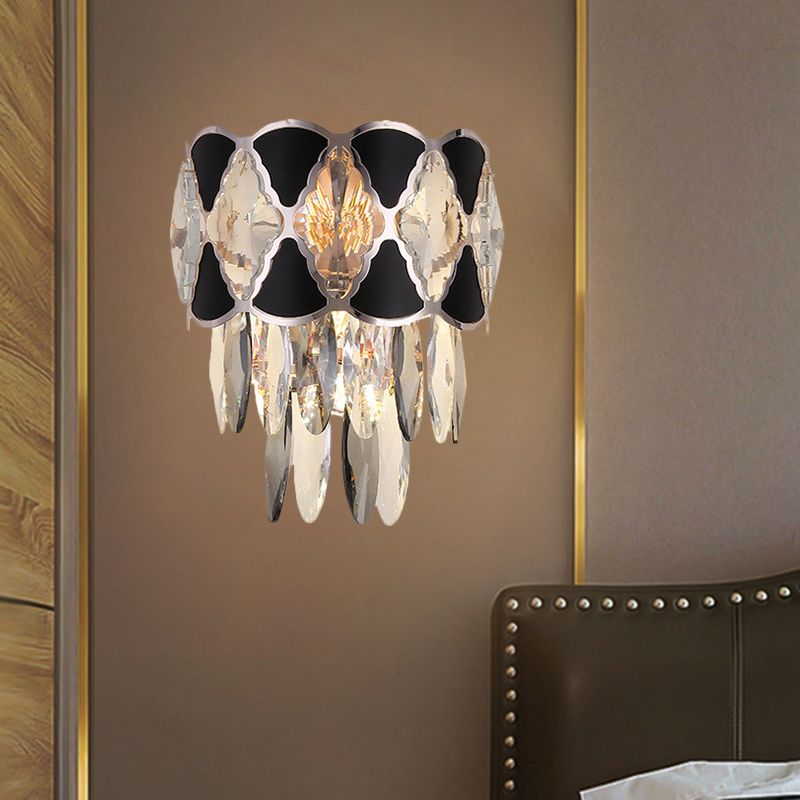 Clear 3 Bulbs Sconce Light Fixture Contemporary Crystal Oval Drops Tapered Flush Mount with Black Triangular Ornament