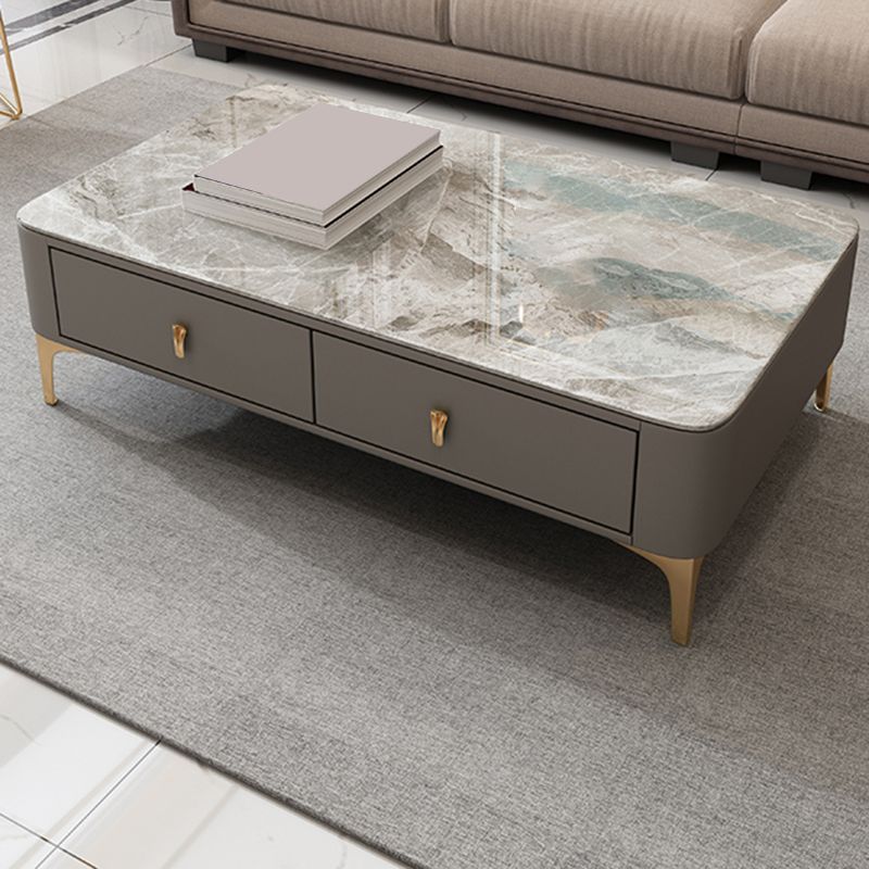 Glam Rectangle Stone Coffee Table Single 4 Legs Coffee Table with Storage Drawers
